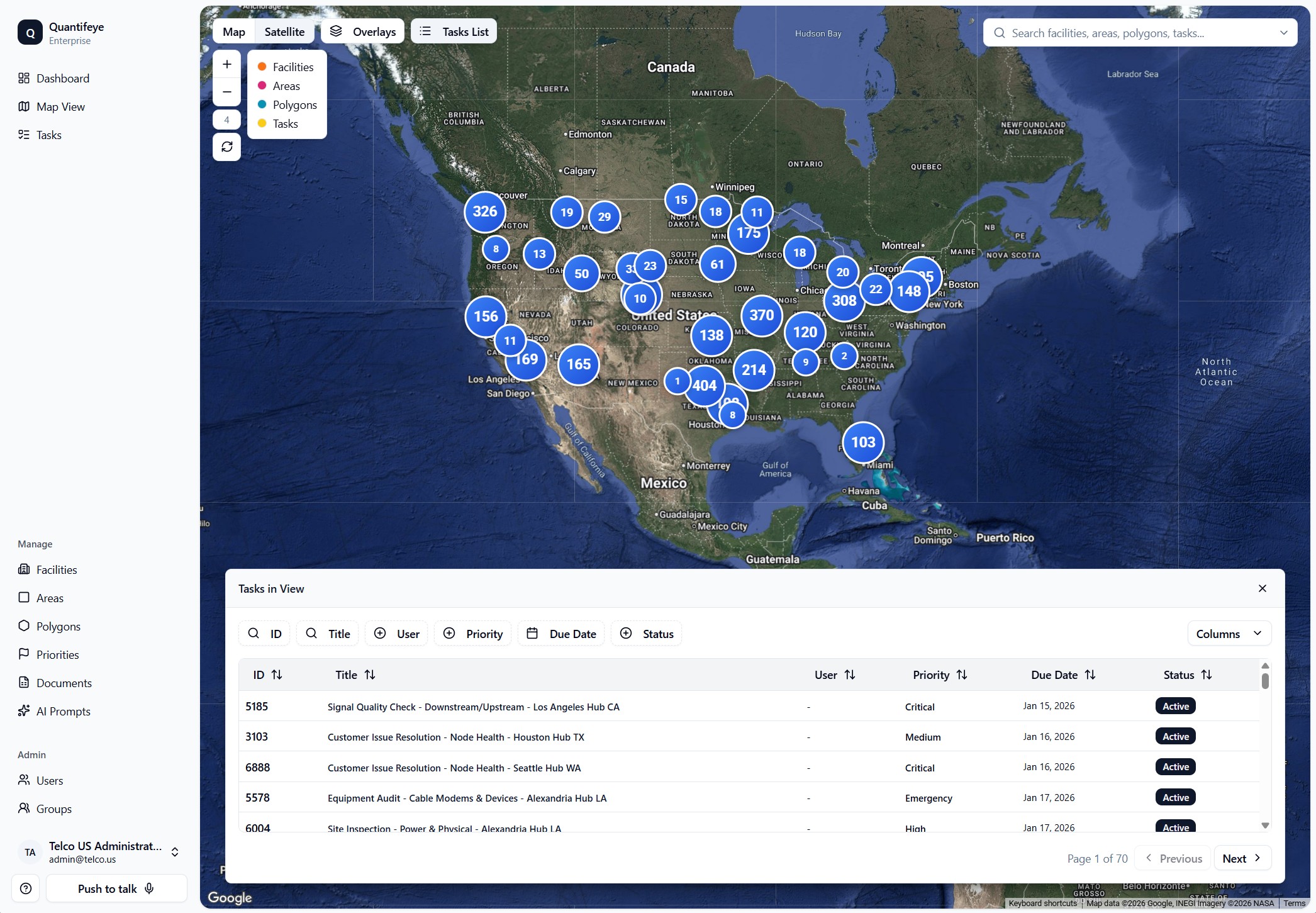 Quantifeye map view coordinating facilities, operational areas and field tasks across territories