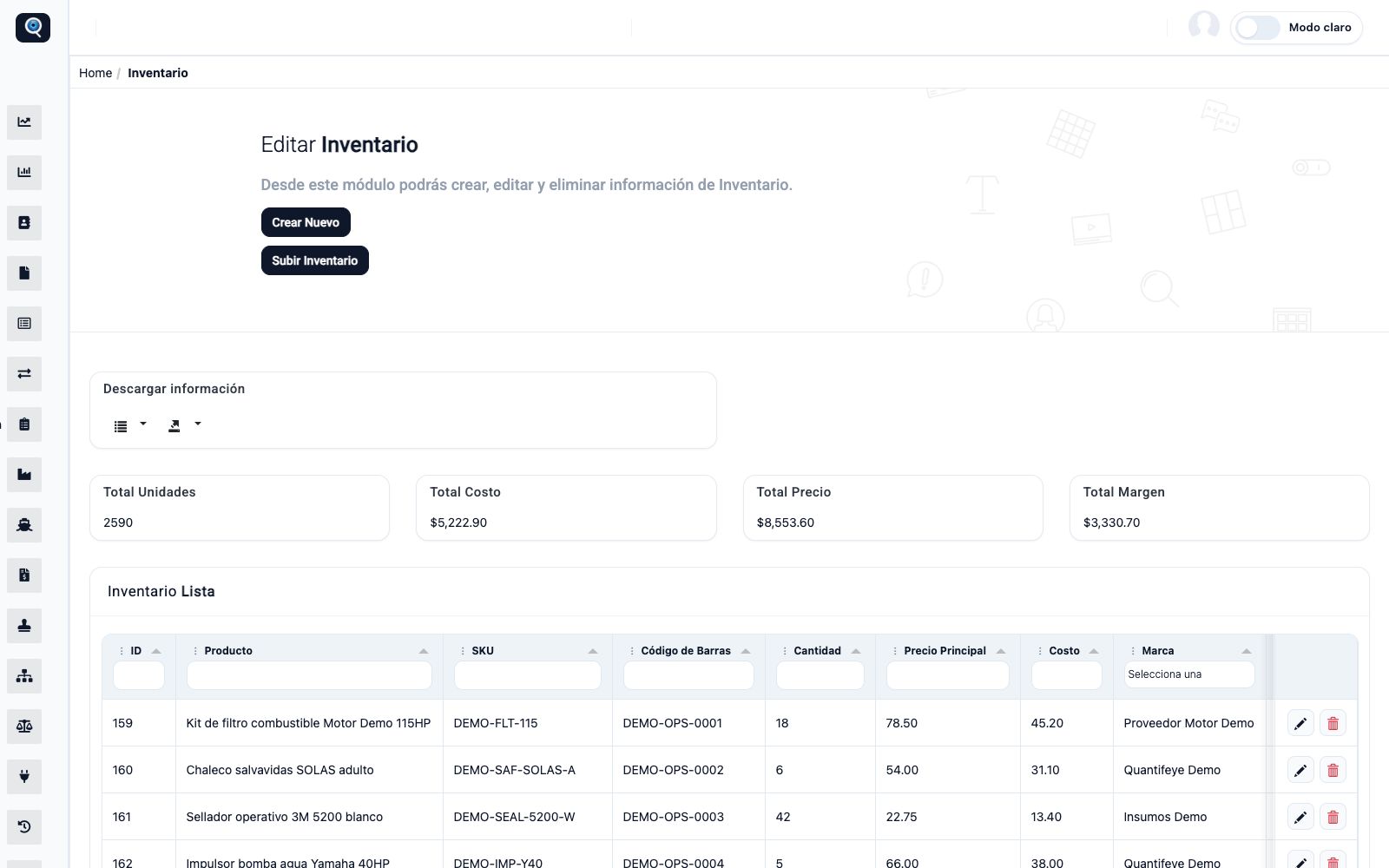 Real connected ERP inventory control view