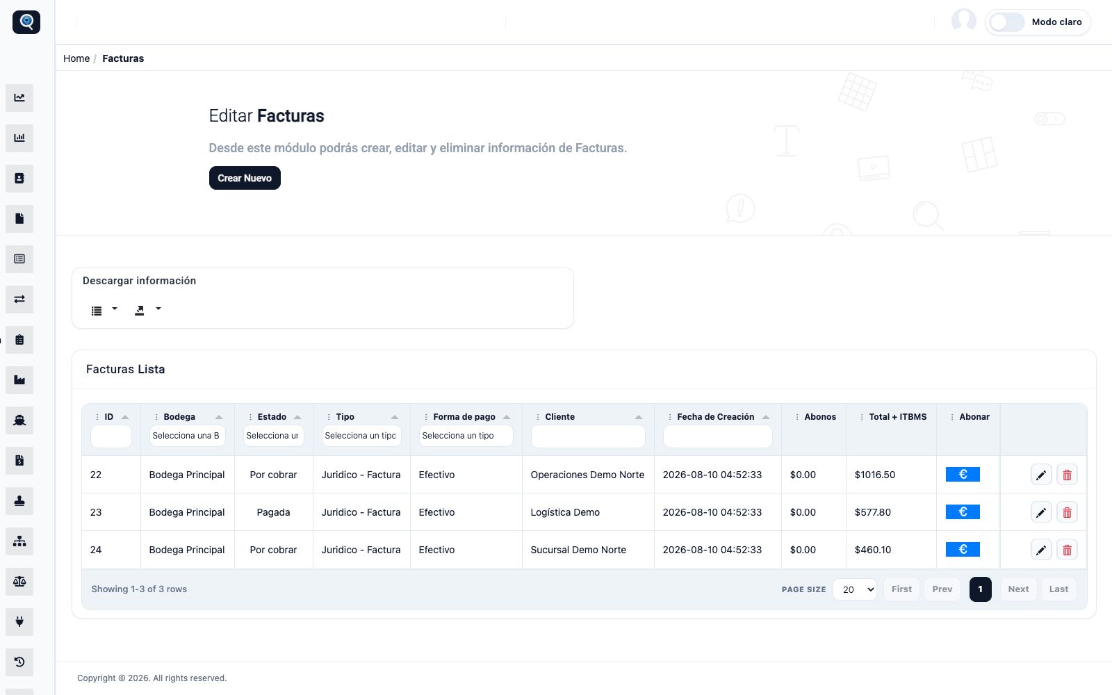 Real ERP invoice management view