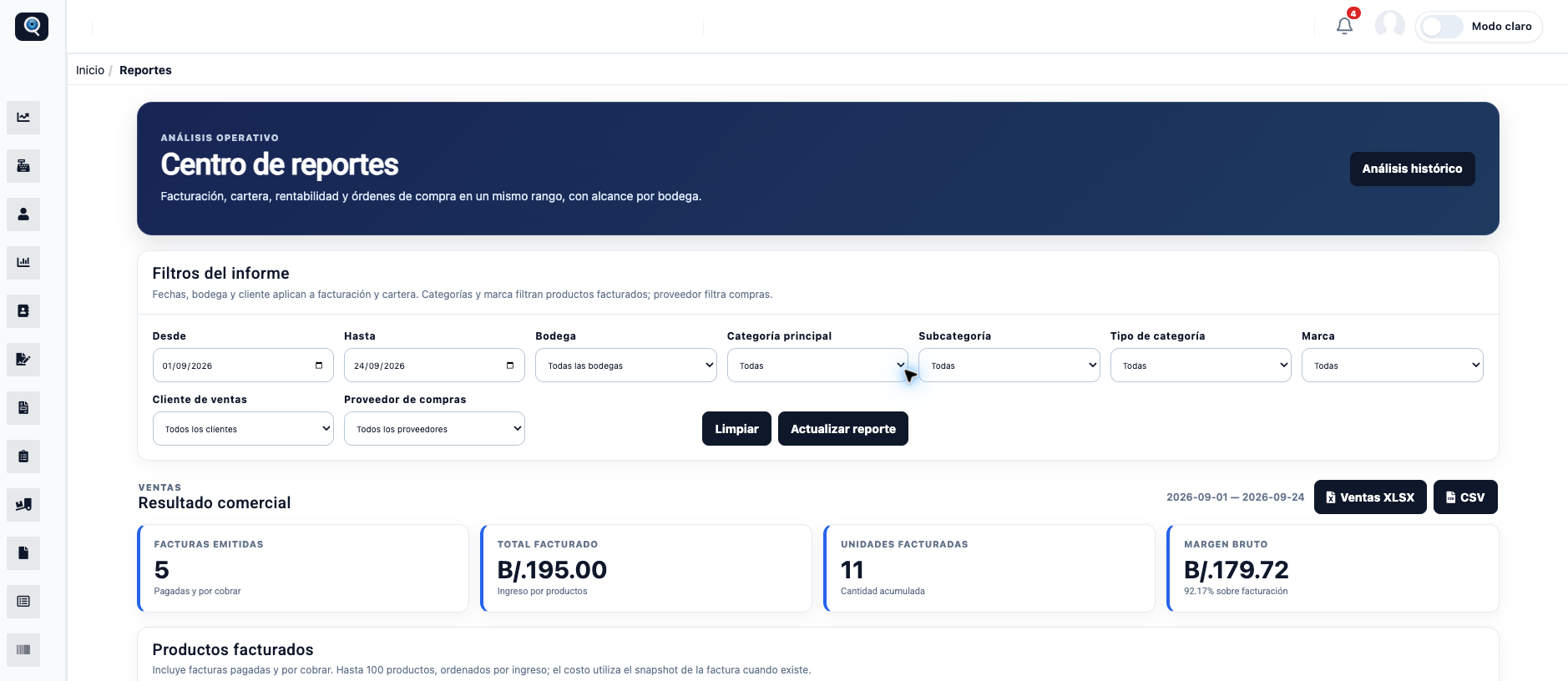 Connected ERP reports center with sample sales, invoicing, and margin data