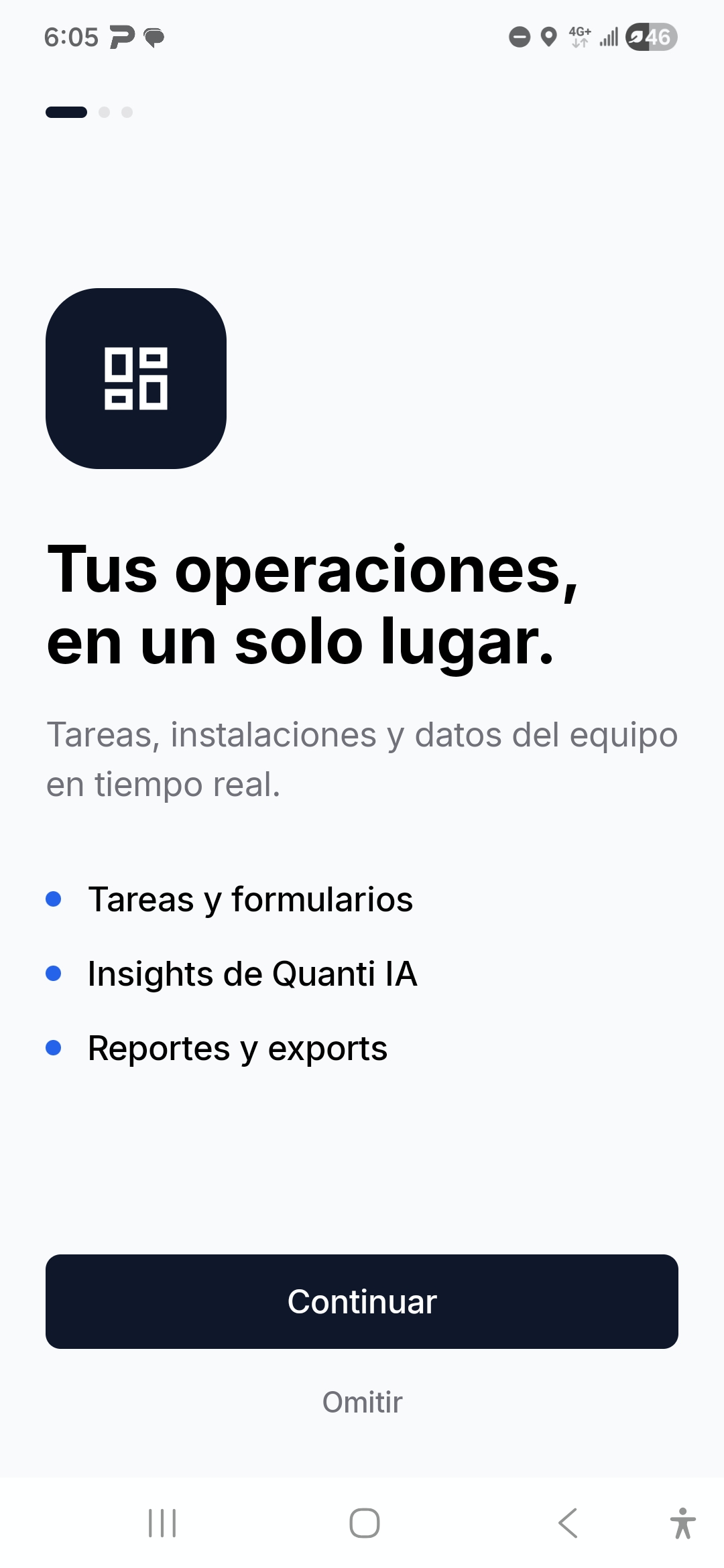 Real Quantifeye mobile operations onboarding screen